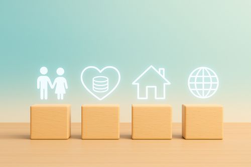 Icons zu Personen, Herz, Haus und Globus